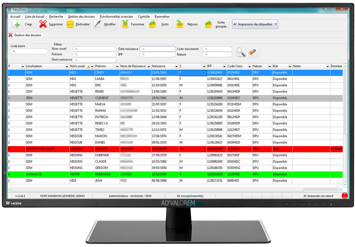 Ecran Gess Doss : Logiciel de traçabilité des dossiers patients